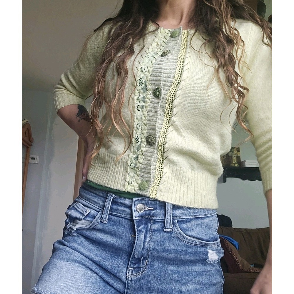 Free People Small Cardigan Lace Embroidered Cottagecore Chunky Boho Crop Button